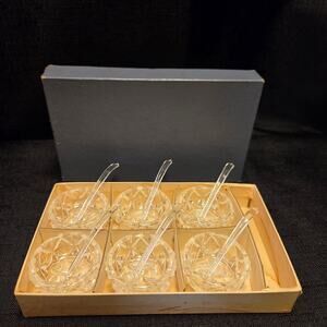 Vintage Japan Pressed Glass 6 Individual Round Salt Cellars & Spoons